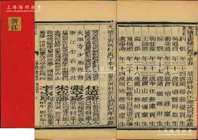 1902年《光绪壬寅补行庚子辛丑恩正并科·浙江乡试同年全录》1册，内中开列各考官及同考试官名录，并详列各考生名次、年龄、籍贯等情，其考生中有张弧（萧山籍，曾任北洋财政总长）、卢学溥（桐乡籍著名银行家，曾任交通银行董事长）等名人；时因庚子年(1900年)八国联军入侵，故乡试推迟至壬寅年开科，补行庚子、辛丑恩正并科；清代科举之重要历史文献，罕见且保存甚佳，敬请预览