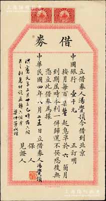 民国四年（1915年）北京中国银行“借券”1张，由汤觉顿（即汤睿，康有为门生，曾任中国银行总裁）向北京中国银行借到壹千元，订明月息7厘，准6个月到期归还本利，由汤觉顿亲笔签名；左侧有墨批“洪宪元年2月23日已将前六个月之利息付讫，再转六个月”，由梁仲策（梁启超之弟）代理书写；此种名人之借券（前中国银行总裁向本行借款）存世极为罕见，且涉及洪宪帝制神奇，值得珍视和研究，近八成新