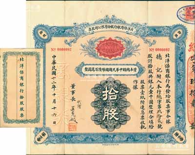 民国十二年（1923年）北洋保商银行股份有限公司股票，拾股计银元壹千圆，由董事长王克敏亲笔签名，背印章程摘要，且附带有息票及原封套；此乃中国北方之著名商业银行，历史意义厚重，着实堪称中国银行业老股票之大珍品，八五成新，值得推重和珍视