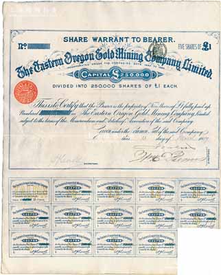 1889年俄勒冈东部金矿有限公司股票，面额5股（每股1镑），内有水印；自1849年美国加州发现金矿后，迅速掀起淘金热，随后大量广东同胞前往旧金山淘金，到1851年时中国移民已多达2.5万人，并将淘金热一直席卷到旧金山北部的俄勒冈；该公司由英国人所组织，曾雇佣大量广东华侨开採金矿，是清代“淘金热”之历史见证；海外藏家出品，罕见，八五成新