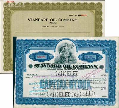 1922年美孚洋行（即美孚石油公司）股票，面额80297股（每股25美元，面额巨大），另附其1954年雕刻版股票样张1枚；该公司今称标准石油公司，1870年由洛克菲勒创建于美国俄亥俄州，1894年来华营业，由近代商业巨子叶澄衷订约包销其所产石油，在中国各大城市均设有分号或代理处，成为在华最大的石油公司；海外藏家出品，罕见，八成至全新