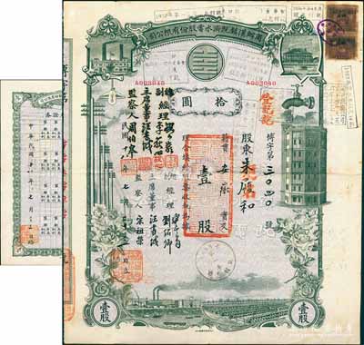 民国十八年（1929年）商办汉镇既济水电股份有限公司股票，灰绿色壹股计国币拾圆，票上公司领导之姓名分别改印为刘少岩（宋子文同学、慎昌洋行买办）、李荻心、汪书城（曾任湖北省政府委员兼民政厅长）、周伯皋，甚是特别；中国近代著名之民族企业，此种图案股票之第二版签名券，且附带原“权利附属证券”1张，少见，八成新