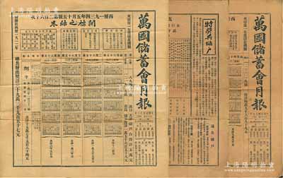 民国十九至廿三年（1930至1934年）《万国储蓄会月报》共3份不同，上印开奖结果、宣传文字、通告储户及开列该会所购之各种股票债券之明细等，极富史料价值；海外藏家出品，七至八成新