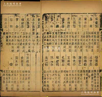 1547年《明嘉靖二十六年进士题名碑录（丁未科）》1册，内中详列一甲、二甲和三甲进士共301人之名次、籍贯等情；此乃明代最牛的一届科举，人才辈出，包含状元李春芳（著名内阁首辅）、一代名相张居正（明朝政治改革家，以推行“一条鞭法”等著称）、文坛领袖王世贞（著名文学家）、杨继盛（著名谏臣，上疏力劾严嵩“五奸十大罪”）、殷正茂（抗倭平叛名臣）等诸多名人，属明代科举之重要历史文献，罕见
