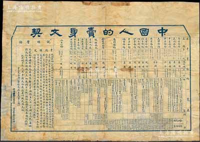 民国十七年（1928年）中国国民党山西省党务指导委员会宣传部印“中国人的卖身文契”一张，尺寸550×770mm，上印近代中国与侵华列强签订的一系列“不平等条约一览表”，从1842年“南京条约”起，至1915年“二十一条”止，包括虎门条约、中美条约、中法条约、天津条约、北京条约、爱珲条约、烟台条约、伊犁条约、马关条约等22种，且均标明签约国、原因、内容、附注等详情，极富教育和鞭策