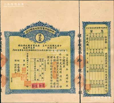 民国十七年（1928年）商办韶州电灯股份有限公司股票，优先股肆拾份计银壹仟圆，附带有息单；此股票为发行之“第拾号”，张林先生藏品，少见，八成新