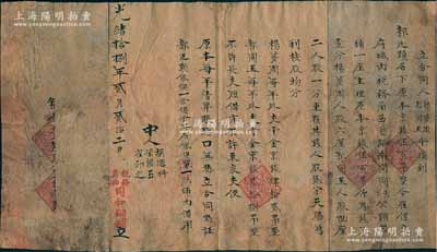 光绪拾捌年（1892年）保定“同和公铜器铺”合同1份，事为“杨梦周、郭同玉领到郭廷显名下原本京钱500吊，在保定府城内税务角西首路南开“同和公铜器铺”一座生理，原本京钱伍百吊作为钱股壹分，杨梦周人股六厘、郭同玉人股四厘，东夥共钱、人股贰分，鸿利按股均分”等情；此种保定府清代股份合同存世颇为稀见，保存尚可，敬请预览