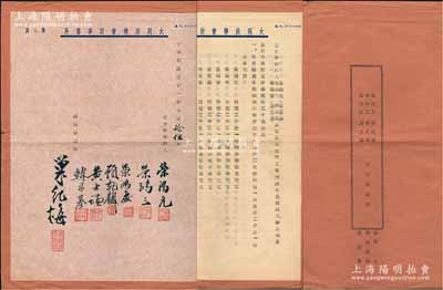 民国三十一年（1942年）大华企业贸易公司《立合伙契约》1册，该公司由荣鸿元、荣鸿三、荣鸿庆等6人合资创设，资本总额中储券1000万元，内中详列各股东出资状况、营业范围、信托部营业范围（经营股票债券、工商贷款、房地产投资、代理保险、仓库）、公议条款等情，内涵丰富，值得珍视；源于荣氏家族之遗存，保存甚佳，敬请预览