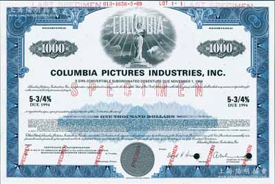 1969年（美国）哥伦比亚电影公司1000债券美元样本，至1994年到期，年息5.75%，票上印有其特色的“自由女神”标志图，雕刻版印制精美；此乃全球最为著名、历史悠久的电影公司，现属2018年世界500强第97名索尼之下属公司；美国藏家出品，少见，全新