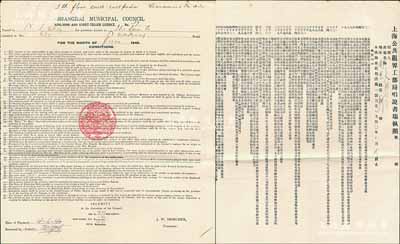 1940年“上海公共租界工部局唱说书场执照”1份，发给南京路大新公司（The Sun Co., Ltd.,老上海四大百货公司之一），中英文双面印刷；此种老上海百货公司内的娱乐业营业执照存世极为罕见，保存甚佳，敬请预览