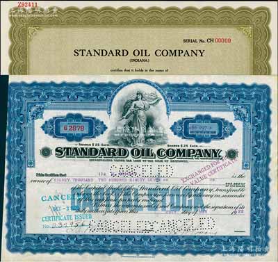 1922年美孚洋行（即美孚石油公司）股票，面额80297股（每股25美元，面额巨大），另附其1954年雕刻版股票样张1枚；该公司今称标准石油公司，1870年由洛克菲勒创建于美国俄亥俄州，1894年来华营业，由近代商业巨子叶澄衷订约包销其所产石油，在中国各大城市均设有分号或代理处，成为在华最大的石油公司；海外藏家出品，罕见，八成至全新