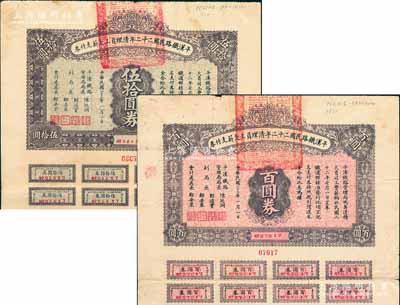 民国二十三年（1934年）平汉铁路民国二十二年清理员工欠薪支付券伍拾圆券、百圆券共2枚不同，均附带有息票；海外回流品，七五至八成新
