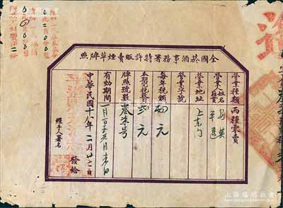 中华民国十八年（1929年）“全国烟酒事务署特许贩卖烟草牌照”1张，由平遥县烟酒税务局签发，其上详列营业种类、营业人姓名、营业地址、字号、税额、本期完税数目、牌照号数、有效期等，背印注意条例；少见且保存尚佳，敬请预览