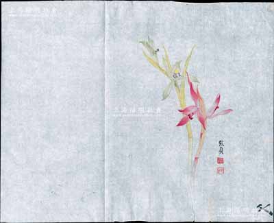 中国著名工笔画家俞致贞绘制之“兰花”图1幅，可能绘制于1950年代，尺寸420×338mm，色彩绚丽，图案优雅；俞致贞乃著名花鸟画家，师从于非闇和张大千，曾任中央美术学院教授，擅长工笔花鸟、草虫、蔬果等；保存甚佳，敬请预览