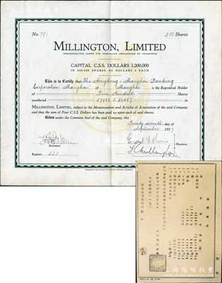 1937年（上海）英商美灵登广告有限公司股票，面额500股（每股4元），属老上海英商企业（注册在香港）老股票，少见，八五成新（另附送：美灵登有限公司历史老照片1张）