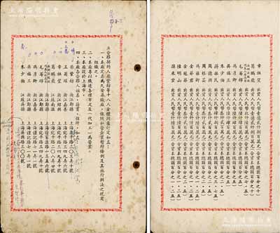 1951年上海“久安染织厂”合夥契约1册，该厂资本总额12亿8千万元，专以织造各种布疋及（代加工）为营业，内中开列各股东名址及出资金额、公议条规等情，并附贴1954年“转股申请书”及1956年“股东更换印鉴证明书”各1张，内涵丰富，颇具研究和参考价值，八成新