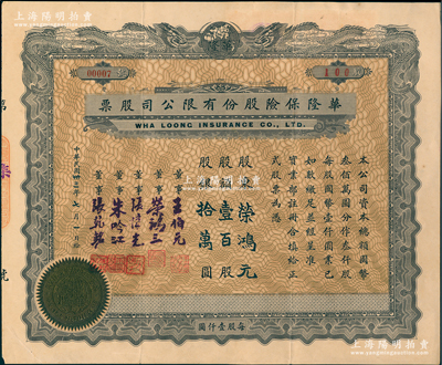 民国卅三年（1944年）华隆保险股份有限公司股票，壹百股计股银拾万圆，上印双龙地球图，票上董事王伯元乃上海滩金业大王、荣鸿三乃无锡荣氏家族（荣宗敬之次子，荣毅仁堂兄）；此股票之发行号码仅为00007号，其承购股东为荣宗敬长子、著名实业家荣鸿元氏，尤为值得珍视；江南雁门堂藏品，珍罕，八成新