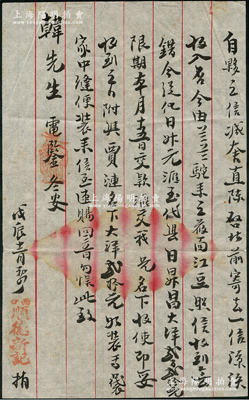 戊辰年（1868年）晋商“西口·顺德新记”信札1通，内中言及“今从（归）化日升元汇至代县日昇昌大洋贰百贰拾元”等情；此乃山西票号汇兑之实物佐证，其中日升元属归绥晋商之著名票号，而日昇昌乃山西票号之鼻祖；西口即雁北杀虎口，“走西口”的晋商主要是赴归绥、库伦、多伦、乌里雅苏台、科布多及新疆、俄罗斯等地贸易；保存较佳，敬请预览