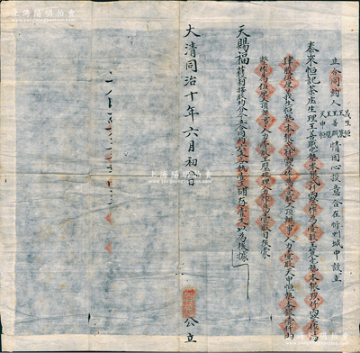 大清同治十年（1871年）山西忻州“泰来恒记茶庒”合同约1份，事为“义生恒、王策、王善职、王璧、天申恒情因心投意合，在忻州城中设立泰来恒记茶庒生理”，内中详列各股东出资状况（详分钱股和人力股，钱股壹股计银贰仟两）等情；此种晋商传统式股份合同，存世少见且内涵丰富，保存甚佳，敬请预览