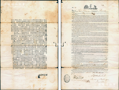 咸丰六年（1856年）中国出洋劳工“卖猪仔”契（即劳工合同）1份，中英文对照，事为“广东新宁县人林亚瑞经代办人介绍雇往古巴岛夏华拿城（即古巴首都哈瓦那）当工”，言明“听从指使，工期八年，每月工银四大员”等情，内中列明各项条款、伙食、医疗、待遇等，条件极为苛刻；此种清末中国劳工出洋远赴古巴之“卖猪仔”契，见证华工之辛酸血泪史，历史意义沉重；源於海外回流，保存尚佳，敬请预览
