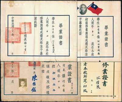 民国时期河北丰润县谷清泉氏毕业证书一组共4件，内含：1936和1938年北平（京）市立西便门小学毕业证书2份不同、1940年公认高野山日华语学校修业证书1份、1941年北京特别市立嵩云初级中学毕业证书1份；另附1936年《中原游艺场二週年纪念画刊》1册，张自忠题写封面，内有孔祥熙、居正、黄金荣、杜月笙、张啸林等诸多名流题字和赠画，且印有大量照片等，该游艺场由华北最大的百货公司中