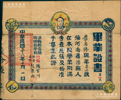 民国三十六年（1947年）“河南省涉县县立简易师范学校”毕业证书1张，上印毛主席像，四角分印涉县毕业证章、男耕女织、士兵、笔墨纸图案，极富解放区之特色；时涉县为晋冀鲁豫抗日根据地中心，刘伯承、邓小平领导的八路军一二九师曾驻扎于此；罕见且历史意义厚重，保存尚佳，敬请预览