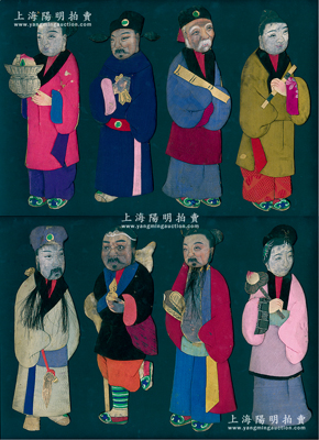 清代彩色“汉钟离、张果老、韩湘子、铁拐李、吕洞宾、何仙姑、蓝采和、曹国舅”八仙人物布艺品1组共8件全套，尺寸均约高280mm，人物造型生动，色彩鲜艳，保存较佳，敬请预览