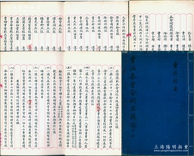 民国念年（1931年）上海《童涵春堂合同正议据》（第肆号）1册，由股东童荇村君（童氏家族成员，占陆股计资本洋肆万贰千元）执有，事为1932年孙衡甫（四明银行总经理）、童文熙（童涵春堂家族）、俞佐廷（宁波旅沪金融业巨子）、陈楚湘（民国“卷烟大王”）等28位股东在上海小东门方浜路设童涵春堂兴记药号，集成资本洋56万元，分作80股，每股洋7000元，内中详列各股东之出资状况，并开列议