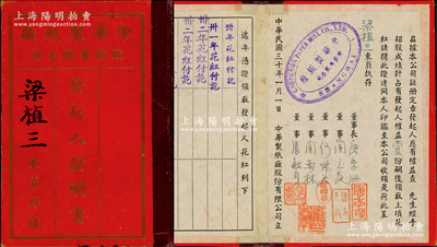 民国三十年（1941年）中华制纸厂股份有限公司“发起人证明书”（即权益优先股），由发起人梁植三占权益壹份，逐年分红，其领取花红记录至1950年；该公司董事长唐季珊为著名南洋富商，号称“茶叶大王”，更因其相好著名影星阮玲玉之死而名噪一时；罕见，八成新