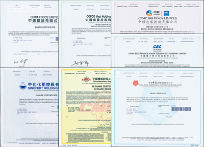 2020年香港上市之中国著名企业股票7种，详分：中国食品、中粮肉食、中粮包装、中化化肥、中国机械设备工程、中国电子华大科技、香港中旅国际投资有限公司，面额均为1股，且均有水印，九八成新