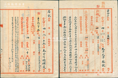 光绪三十四年（1908年）京师自来水有限公司之“股票转售单”共2份不同，其上分别批有1918年和1922年间之转股详情；此种转股单形制特殊且存世少见，值得重视，八成新