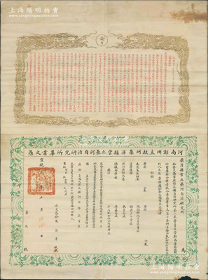 宣统叁年（1911年）“河南郑州直隶州荥泽县官立荥河自治研究所毕业文凭”1份，超大尺寸505×685mm，发给学员马岗亭氏（平均分数95.64分）考得最优等生，其最显著之处在于上半部分印有光绪三十三年慈禧太后关于开办学堂之“谕旨”，且以双龙戏珠图围绕，形制极为壮观；此文凭迄今或属仅见，堪称清代毕业证书之一大珍品，保存较佳，敬请预览和珍视