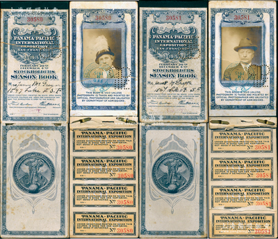 1915年（美国）巴拿马太平洋万国博览会之特殊“股东参观券”（注：巴拿马博览会亦发行有股票）共2册不同，内中均贴有股东照片，并附数十枚参观券（即门票）；此种特殊“股东参观券”，从2月20日开展到12月4日闭幕的九个半月展期中，持券人均可随时进入博览会；据说这种“股东参观券”，昔年均属名流人物所执有，故存世极为罕见，堪称“世博会”系列收藏之一大精品；源于美国回流，保存甚佳，敬请预
