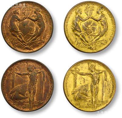 1915年（美国）巴拿马太平洋万国博览会（即旧金山世博会）小型奖章共2枚不同，分别为铜质和铜质镀金，直径均为38mm，正面为一对男女捧起果篮，背为男神指引帆船图，下刻英语小字，意为“起航，起航”；源于海外回流，少见，保存尚佳，敬请预览