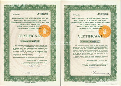 1928年陇秦豫海铁路荷兰债权凭证一套共...