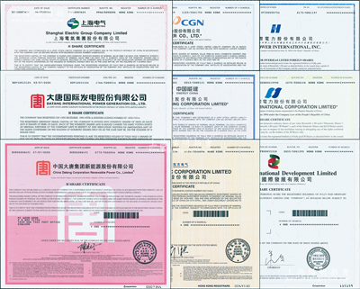 2020年香港上市之中国著名电力企业股票9种，详分：华能国际电力、华电国际电力、中国电力国际发展、中国广核电力、中国能源建设、东方电气、上海电气、大唐国际发电、中国大唐集团新能源股份有限公司，面额均为1股，内有水印，九八成新