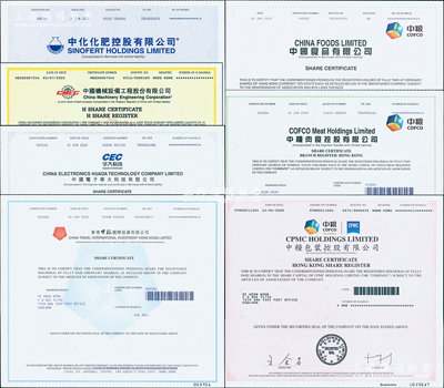 2020年香港上市之中国著名企业股票7种，详分：中国食品、中粮肉食、中粮包装、中化化肥、中国机械设备工程、中国电子华大科技、香港中旅国际投资有限公司，面额均为1股，且均有水印，九八成新