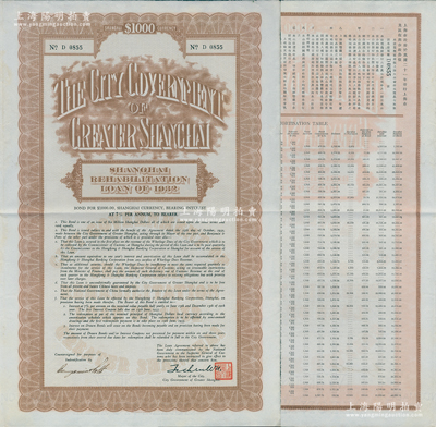 民国二十一年（1932年）上海市灾区复兴市政公债壹仟元，正面英文，背面有中文，由上海市市长吴铁城和利安洋行经办人签名，附带有息票；少见，九成新