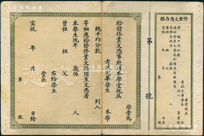 宣统年修业文凭1张，未填用附存根，八成新