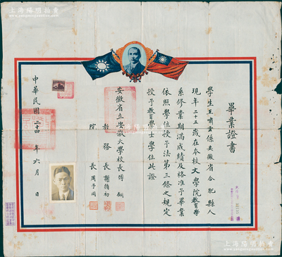 民国二十四年（1935年）“安徽省立安徽大学”毕业证书1张，发给合肥籍学生王啸云氏，由校长傅铜（哲学家）、教务长谢循初（心理学专家）、院长周予同（经学史家）签发；该校成立于1929年，首任校长刘文典，抗战时被迫内迁一度停办，1945年复校，迄今为安徽省最高学府；保存较佳，敬请预览