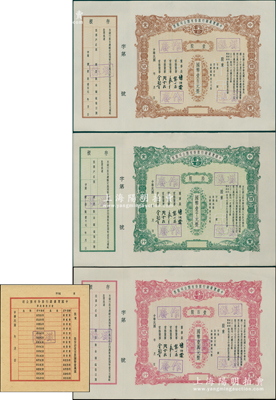 民国年（1937-）中国实业银行股份有限公司股票样张共3种全套，分别为壹股计国币壹百元、拾股计国币壹千元、壹百股计国币壹万元，另附壹百股股息单1枚；该行为民国八大商业银行之一，历史意义厚重，而这套股票印制于法币改革后国民政府加入该行官股之时，诚可遇而不可求也，九五成新，敬请预览和珍视