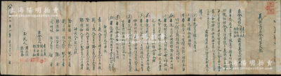 1951年山西忻县《义诚商店合同》（第2号）1份，事为袁子义、刘月波等4人因义气相投，在忻县北大街合资经营义诚商店，从事百货业经营，共集资本人民币1600万元，分作4股，内中详列各股东出资情况和各项条款等，另立人力股3股，以作为店员之激励制度；内容丰富，保存尚佳，敬请预览
