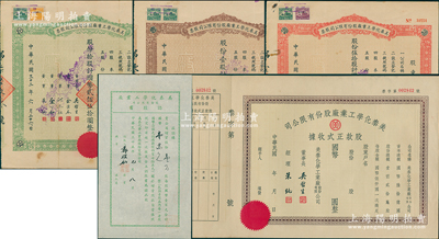 美泰化学工业厂股份有限公司股票等5种，详分：1943年股票棕色壹股、绿色拾股、红色伍拾股，1946年认股书壹万股，股款正式收据未填用附存根；苏健先生藏品，八至九成新