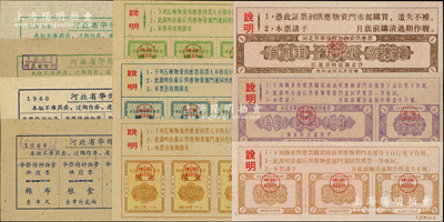 河北省侨汇券（实际属天津票证，当时天津为河北省会）共10种全套，详分：1960年河北省华侨特种物资供应证上半年、下半年4全（分别折合人民币10元和20元）；河北省华侨特种物资供应票3全（折合人民币50、100、300元）；河北省华侨附加物资供应票3全（折合人民币50、100、250元）；此种全套者存世罕见，九五至全新