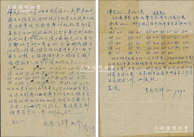 1959年著名钱币收藏家马定祥致京城钱币名家骆泽民信札共2通，前后呼应，分别言及“收到纪念（银）币19枚汇款125元，内含户部一两等”、“寿星、七三及寿字、陵墓等银币”等，并2次开列外国银币收购价格，极富时代之见证；源于京城前辈名家骆泽民先生之遗存，均附带原信封，保存较佳，敬请预览