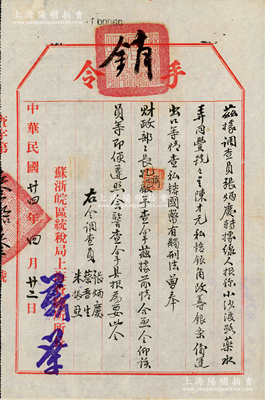 民国廿四年（1935年）苏浙皖区统税局上海查验所“手令”1份，事为“经线人报称(上海)小沙渡路药水弄同丰号号主陈才元，私镕银角、改铸银、偷运出口等情；查私镕国币有触刑法，奉财政部长孔(祥熙)谕，严予查拿”等；此种“缉拿钱币私铸”方面的手令甚是难得，且富史料研究价值，八成新