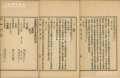 清末《关税（船钞）》1册，内中汇录《天津条约》、《烟台条约》、《马关条约》等17种不平等条约中，分别与英国、法国、美国、瑞典、丹麦、荷兰、西班牙、比利时、意大利、日本、葡萄牙11国所订立的“关税（船钞）”条约内容，极富史料研究价值；保存甚佳，敬请预览