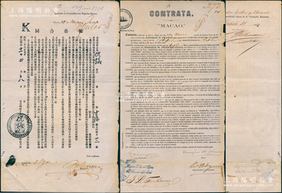 同治十一年（1872年）“秘鲁合同”（即清代出洋华工“卖猪仔”契）1份，事为“倪议氏今与秘鲁海公司之代办人订明前往秘鲁国雇工，工期八年，每月工银四大员”等情，内中列明各项条款、伙食、医疗、待遇等，条件极为苛刻，且盖有“大西洋澳门华政衙门”章；此种清末中国劳工出洋远赴秘鲁之“卖猪仔”契，见证华工之辛酸血泪史，历史意义沉重；源于海外回流，保存较佳，敬请预览