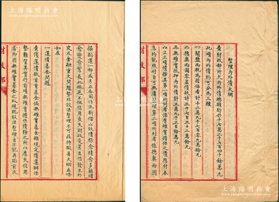 北洋政府时期财政部《整理内外债大纲》手稿1册，时财政部所欠内外债总额约共17亿2740余万元，其中关盐两税为担保者计12亿9709万余元、德奥两国零星债款计2732万余元、无确实抵押内外债计3亿9300余万元，内中对还债基金问题、统一债务问题、债票货币问题、债票利率问题、债票期限问题等均有详尽之描述，属难得之债券文献；通本书写于财政部专用稿纸之上，墨字俊秀，保存甚佳，敬请预览