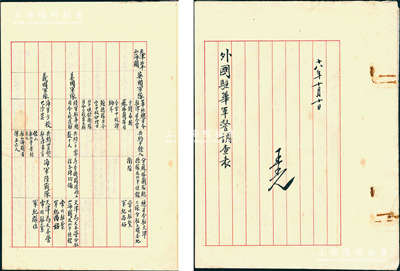 民国十八年（1929年）《外国驻华军警调查表》写本1册，据说由民国政要黄郛所调查，内中开列中国各省各大城市之外国驻华军警情形，包括长官、人数、组织、驻军备考历史等，内容极为详尽；保存甚佳，敬请预览